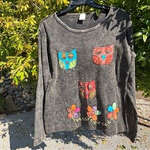 New handmade beautiful Embroidered Owl Long Sleeve Tee - Black size M